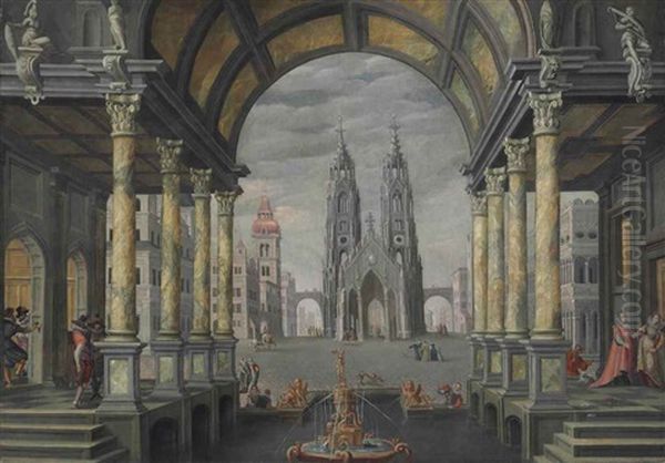 A Capriccio With Elegant Figures In An Arched Colonnade, A Town Square Beyond Oil Painting by Hans Vredeman (Jan) de Vries