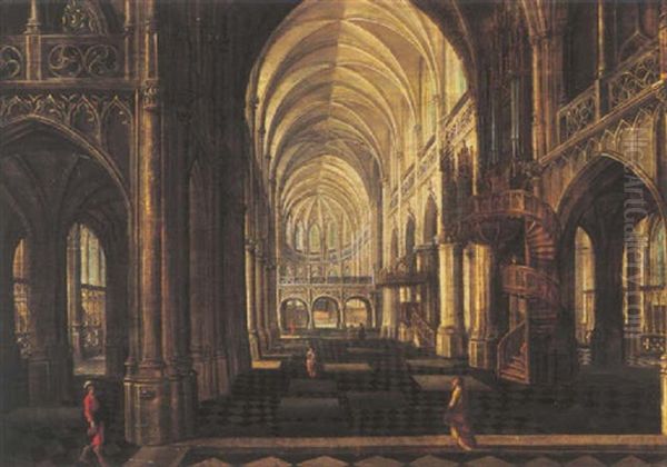 Figures In A Gothic Church Interior Oil Painting by Hans Vredeman (Jan) de Vries