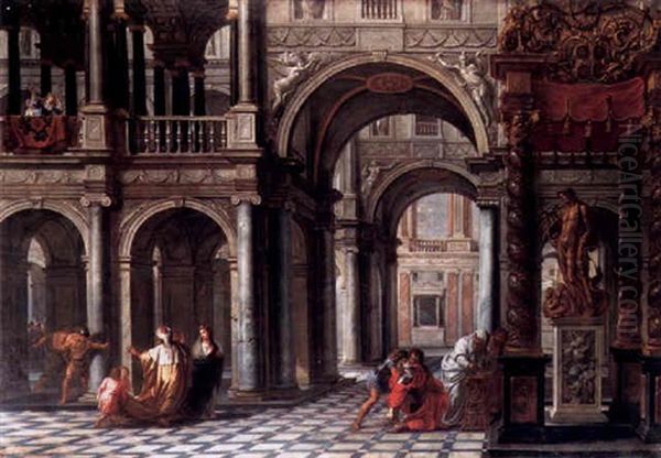 Palastinterieur Mit Szene Eines Apollo-opfers Und Mit Dem Vom Pfeil Getroffenen Achill Oil Painting by Hans Vredeman (Jan) de Vries