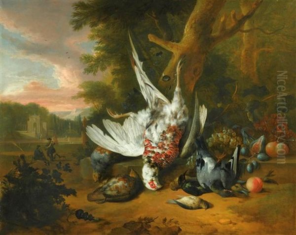 Stilleben Auf Einem Tisch Mit Fruchten, Weinblattern Und Einer Rose Auf Einem Silberteller Oil Painting by J. De Vries