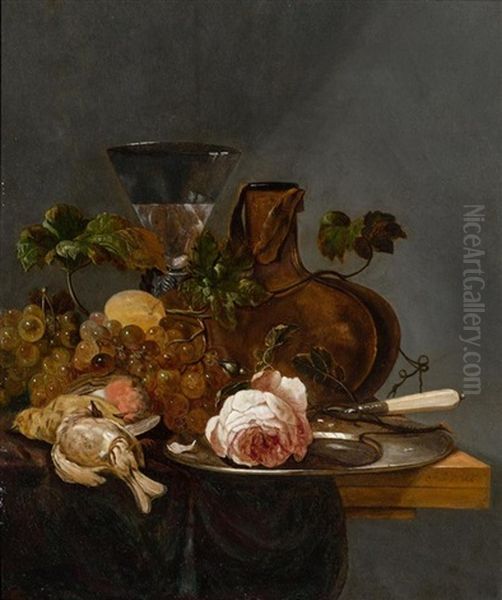 Stilleben Auf Einem Tisch Mit Fruchten, Weinblattern Und Einer Rose Auf Einem Silberteller Oil Painting by J. De Vries