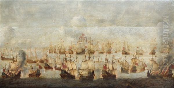 Naval Battle, Possibly Ter Heijde In 1653 Oil Painting by Jakob Feyt de Vries