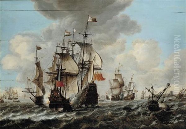 A Naval Engagement Between Dutch And English Ships Oil Painting by Jakob Feyt de Vries