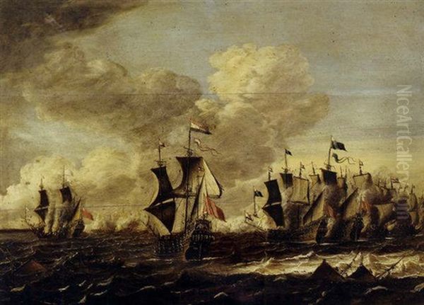 An Anglo-dutch Battle During The First Dutch War Of 1652-54 Oil Painting by Jakob Feyt de Vries