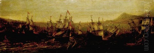 An Action Between Spanish Ships And Barbary Galleys In A Mediterranean Harbour Oil Painting by Jakob Feyt de Vries