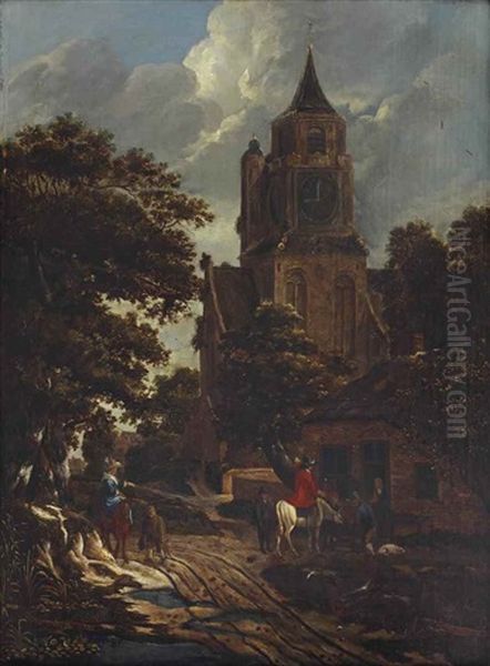 Riders Watering Their Horses On A Path Before A Church Oil Painting by Jansz van Vries