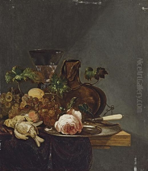 Roses, Grapes, Dead Birds And A Glass, On A Ledge Oil Painting by Jansz van Vries