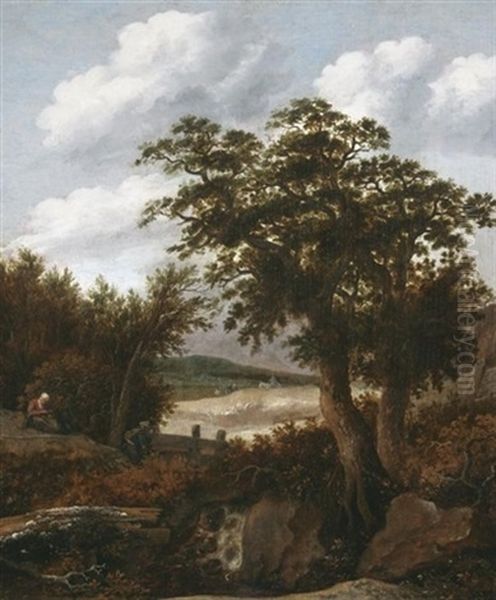 Bewaldete, Hugelige Landschaft Mit Rastendem Bauernpaar Oil Painting by Jansz van Vries