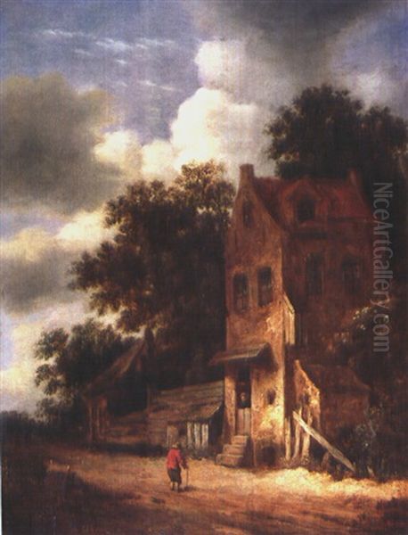 Mann Mit Roter Jacke Vor Einem Haus Oil Painting by Jansz van Vries