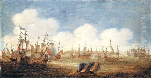 A Naval Action (battle Of The Downs?) Oil Painting by Jansz van Vries