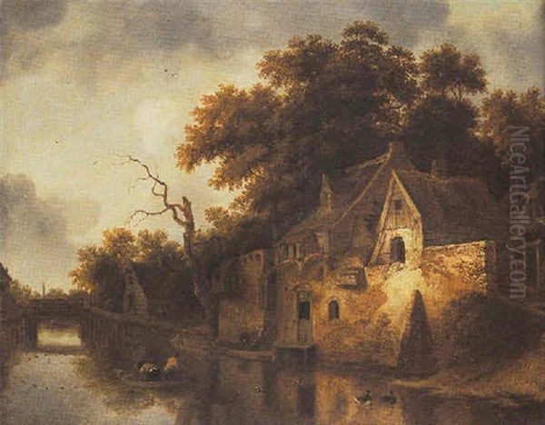 A River Landscape With Boys In A Rowing Boat And On The Bank, Hauling In A Fishing Net Oil Painting by Jansz van Vries