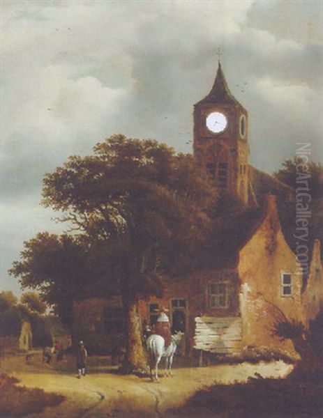 Travellers At An Inn On The Outskirts Of A Village, A Church Beyond Oil Painting by Jansz van Vries