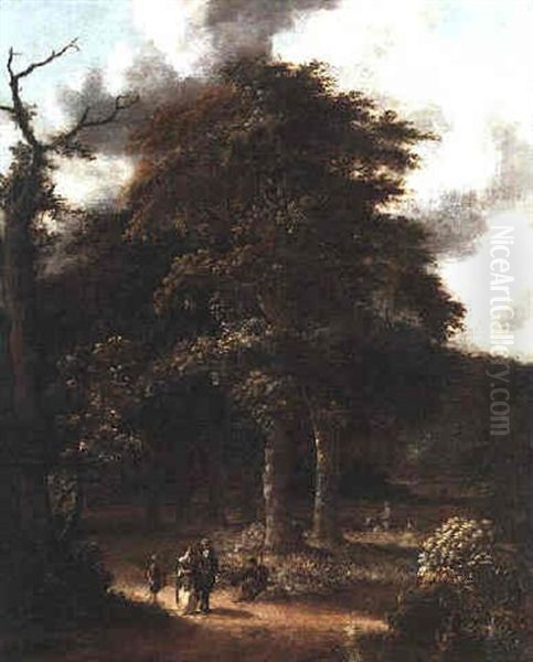 A Wooded Landscape With An Elegant Couple On A Path Passing A Beggar by Jansz van Vries