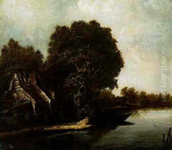 A River Landscape With Peasants By A Cottage And A Boat Moored On A Riverbank Oil Painting by Jansz van Vries