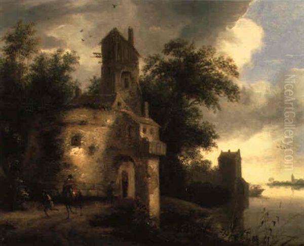 Bewaldete Fluslandschaft Mit Einem Burgartigen Gebaude Oil Painting by Jansz van Vries