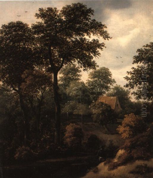 A Wooded River Landscape With An Angler On A Bank Oil Painting by Jansz van Vries