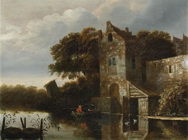 A River Landscape With Figures In A Ferry Before A House Oil Painting by Michel van Vries