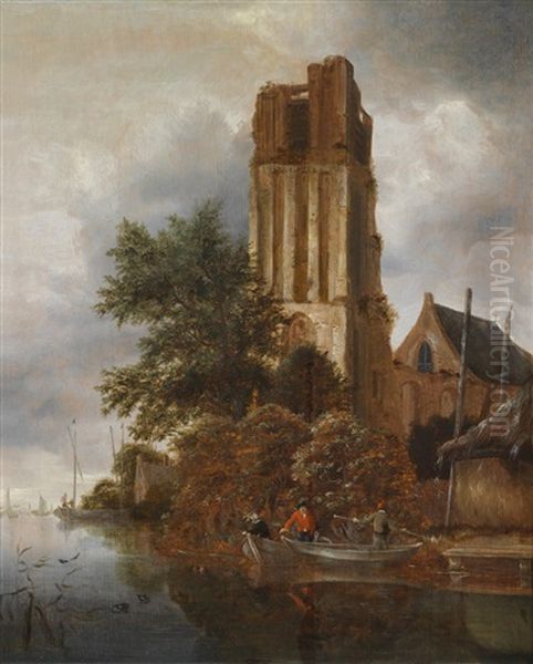 Flusslandschaft Mit Einem Fischer Vor Einer Kirchenruine Oil Painting by Michel van Vries