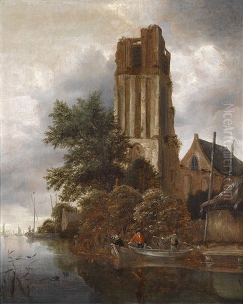 Flusslandschaft Mit Einem Fischer Vor Einer Kirchenruine Oil Painting by Michel van Vries