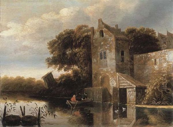 A River Landscape With Fishermen In A Rowing Boat, A Farmhouse Nearby Oil Painting by Michel van Vries