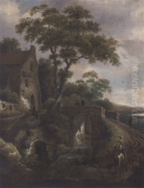 A Wooded River Landscape With Travellers By A Bridge Oil Painting by Michel van Vries