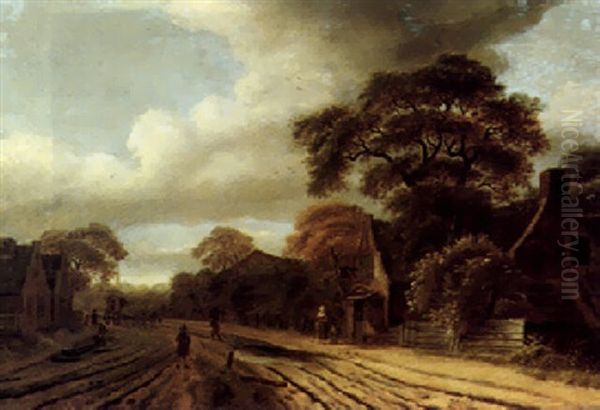 Travellers Passing Through A Village Oil Painting by Michel van Vries