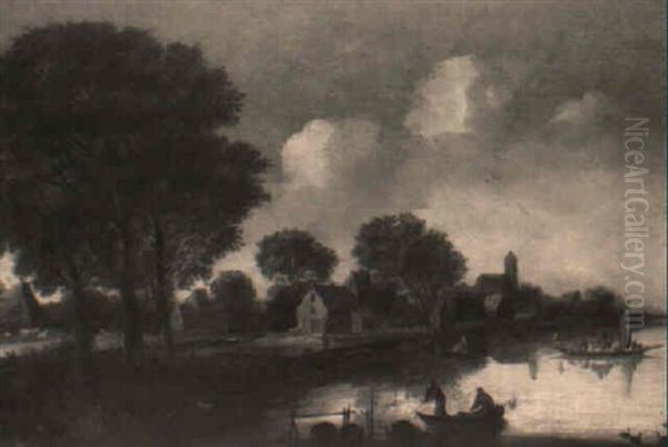 A River Landscape With Fishermen In A Boat And Travellers In A Ferry Oil Painting by Michel van Vries