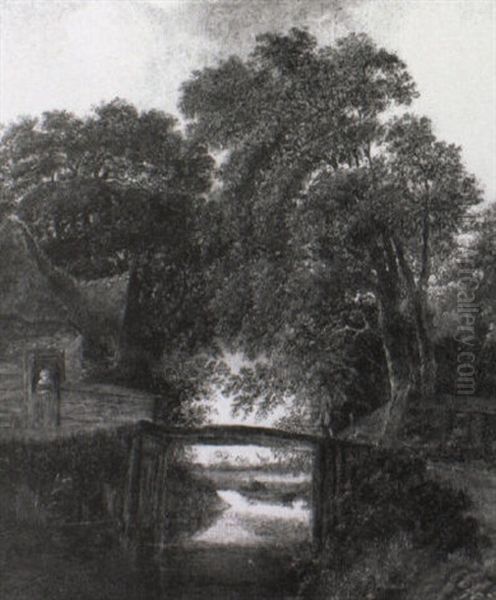 Wooded River Landsacpe With A Man Crossing A Bridge Oil Painting by Michel van Vries