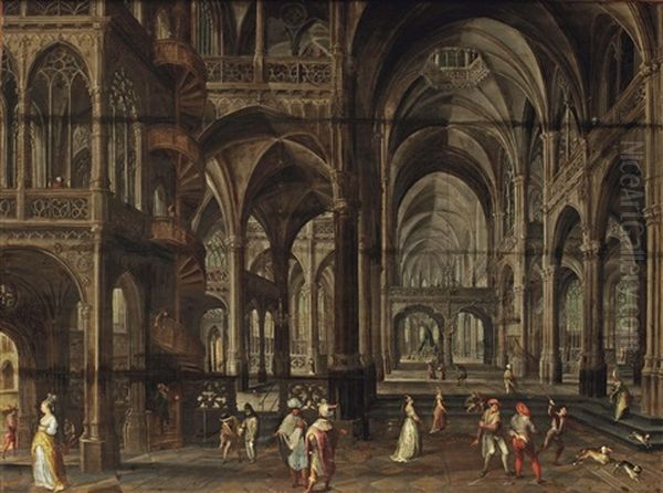 The Interior Of A Gothic Cathedral With Costumed Figures Oil Painting by Paul Vredemann van de Vries