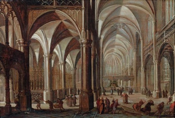 Interieur D'eglise Avec Le Christ Chassant Les Marchands Du Temple Oil Painting by Paul Vredemann van de Vries