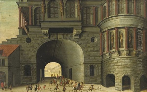 An Architectural Capriccio With Figures Passing Through An Archway Oil Painting by Paul Vredemann van de Vries