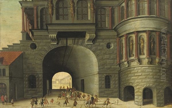 An Architectural Capriccio With Figures Passing Through An Archway Oil Painting by Paul Vredemann van de Vries