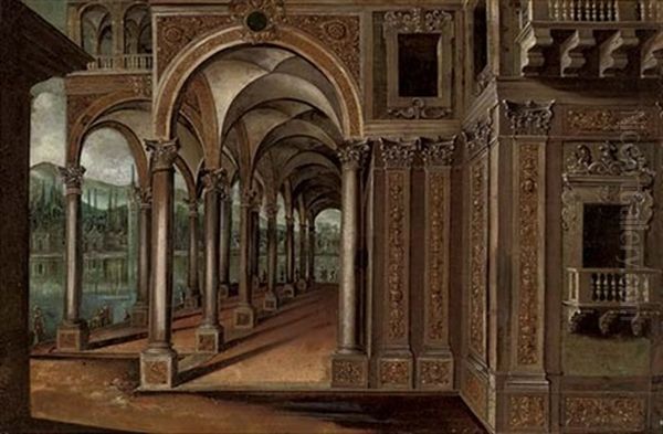 A Capriccio Of A Lakeside Palace With Elegant Company Oil Painting by Paul Vredemann van de Vries