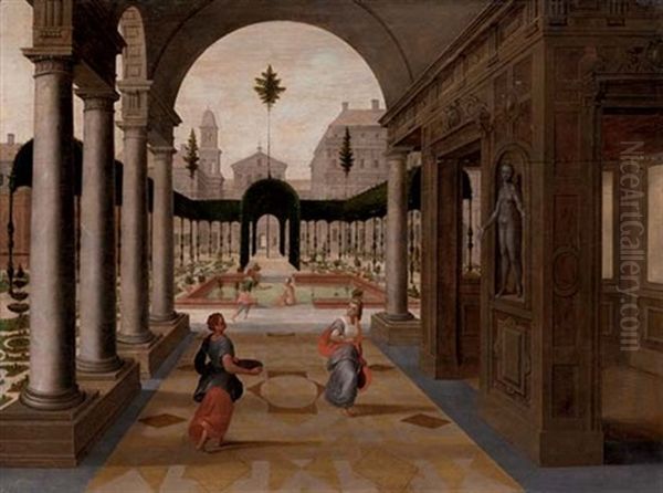 A Capriccio Of A Palace Courtyard With Figures In The Foreground And Others Bathing In An Ornamental Garden Beyond Oil Painting by Paul Vredemann van de Vries