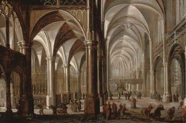 The Interior Of A Church With Christ Driving The Money Changers From The Temple Oil Painting by Paul Vredemann van de Vries