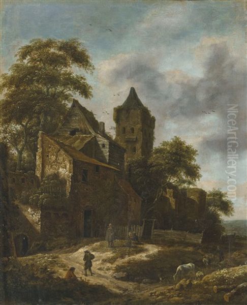 A Landscape With Cattle And Figures On A Path By A Cottage Oil Painting by Roelof van Vries