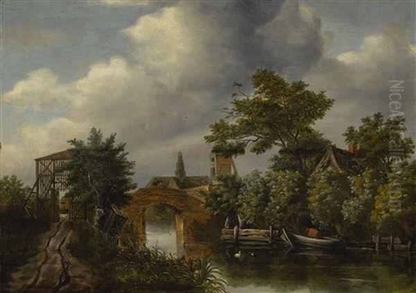 A River Landscape With A Wooden Gate, A Bridge, A Nearby Village, A Boat, And Figures Oil Painting by Roelof van Vries