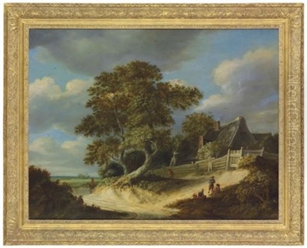 Peasants Resting On A Sandy Track Before A Farm Oil Painting by Roelof van Vries