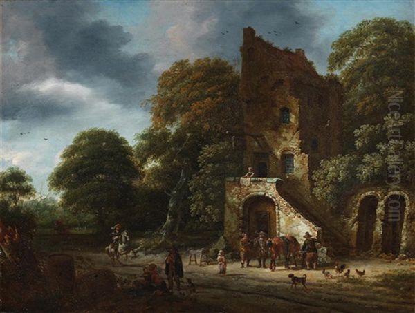 Travellers Before A Country Inn Oil Painting by Roelof van Vries