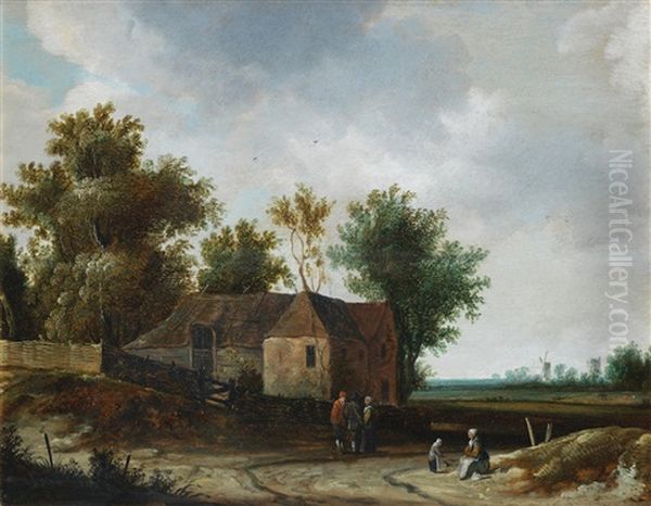 Figures Resting In A Landscape Before A House With Windmills In The Distance Oil Painting by Roelof van Vries