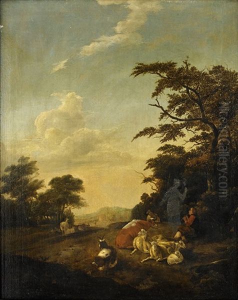 Landscape With Shepherd And Cattle Oil Painting by Roelof van Vries