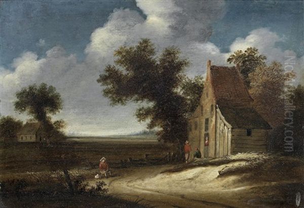 Figures Resting Before A Town, A Lake Beyond; Figures By A Cottage In An Extensive Landscape (2) Oil Painting by Roelof van Vries