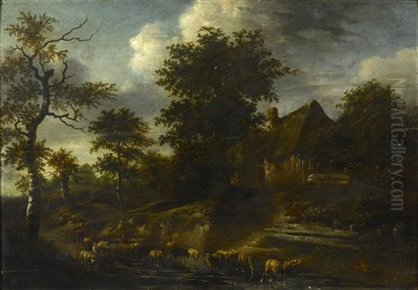 A Wooded Landscape With Figures And Sheep By A Stream In The Foreground Oil Painting by Roelof van Vries