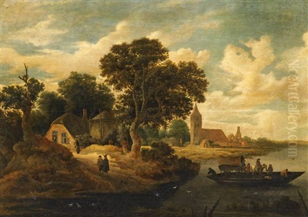 Flusslandschaft Mit Fahrboot Oil Painting by Roelof van Vries