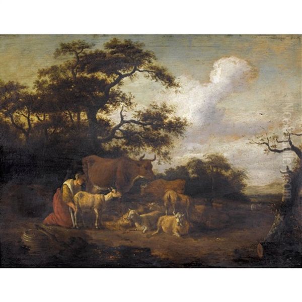 Landschaft Mit Melkender Bauerin Oil Painting by Roelof van Vries