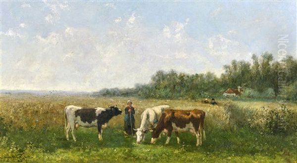 Woman With Cows In A Pastoral Landscape Oil Painting by Jan Vrolijk