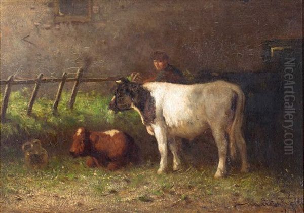 Boer Met Koe En Kalf Bij Een Hek Oil Painting by Jan Vrolijk