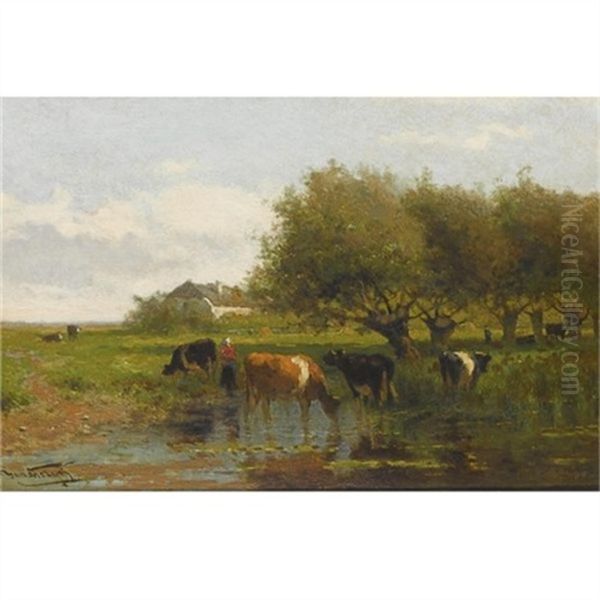 Cows In A Meadow Oil Painting by Jan Vrolijk