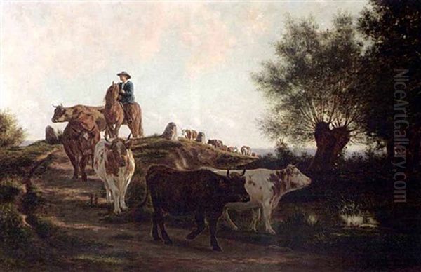 A Herd Of Cows And Their Drover In A Landscape Oil Painting by Jan Vrolijk