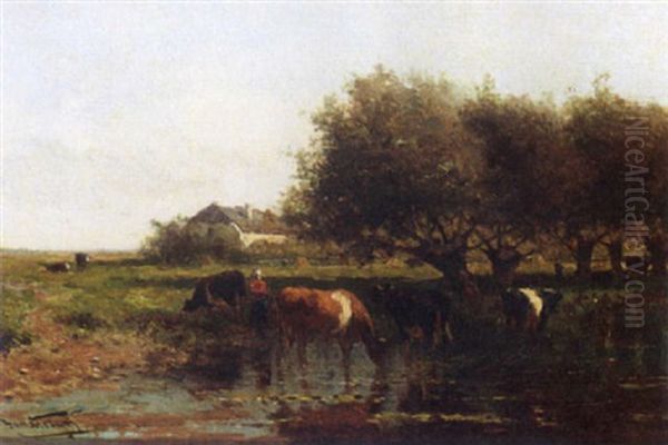 A Figure And Cows In A Polderlandscape by Jan Vrolijk